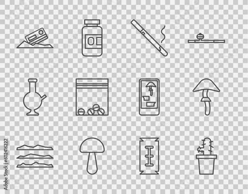 Set line Cocaine or heroin drug, Cactus peyote pot, Cigarette, Psilocybin mushroom, and credit card, Plastic bag of, Blade razor and icon. Vector