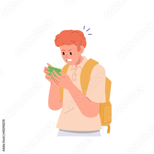 Portrait of angry emotional frustrated boy child cartoon character addicted to mobile phone