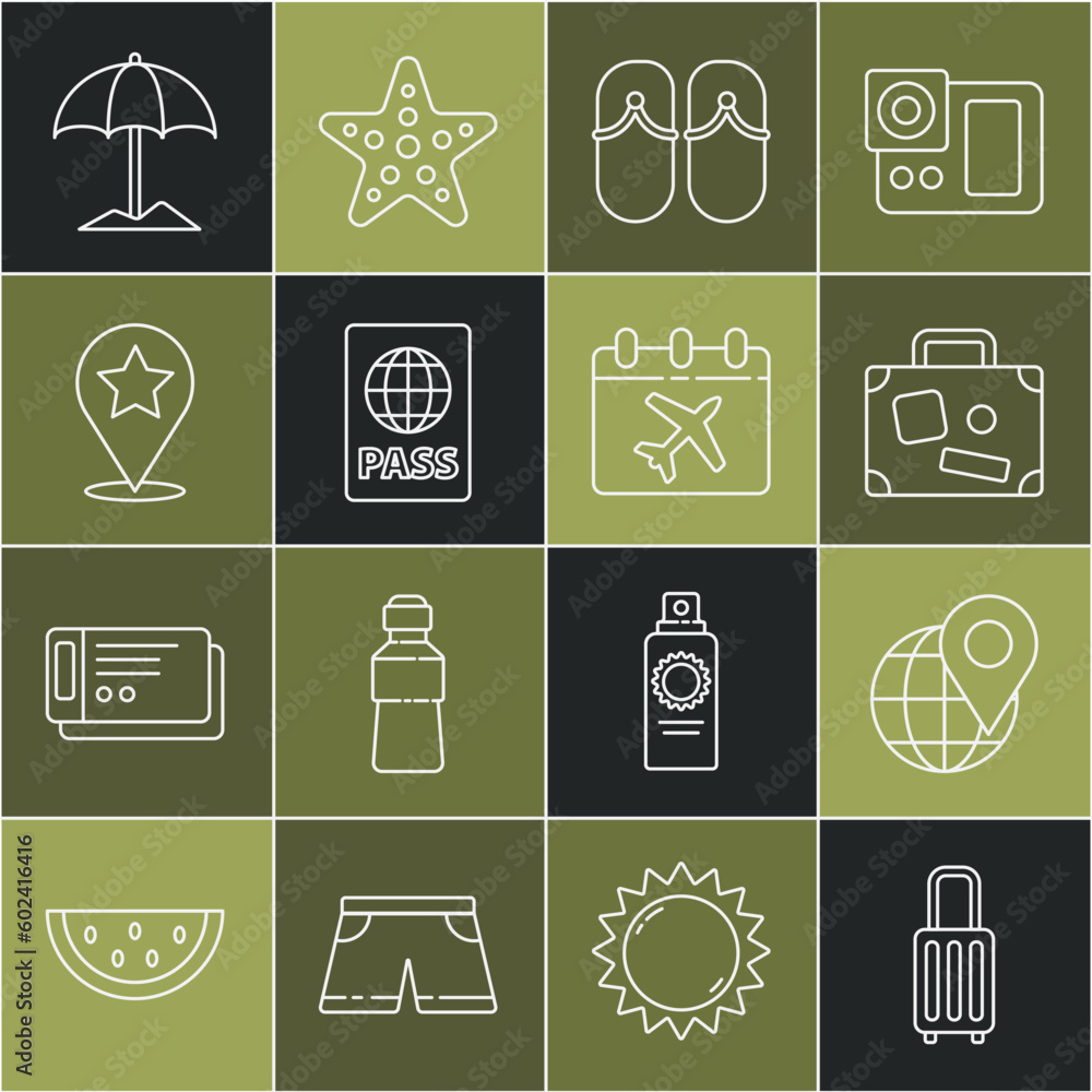 Set line Suitcase, Location on the globe, Flip flops, Passport, Map pointer with star, Sun protective umbrella for beach and Calendar and airplane icon. Vector Set line Suitcase, Location on the globe, Flip flops, Passport, Map pointer with star, Sun protective umbrella for beach and Calendar and airplane icon. Vector