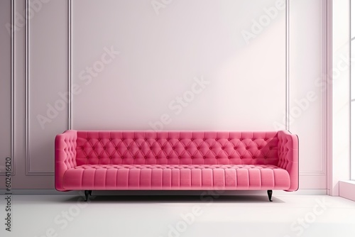 minimalist pink couch against a blank white wall Generative AI