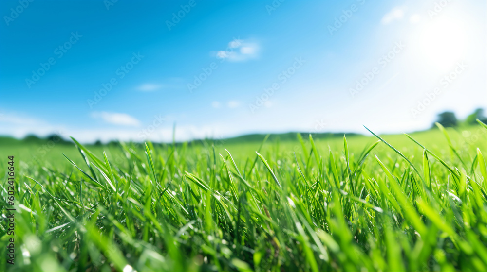 Illustration close up of a lush green grass lawn field against a blue summer’s sky. A.I. generated. Illustration close up of a lush green grass lawn field against a blue summer’s sky. A.I. generated.