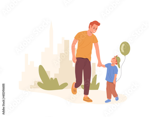 Happy father and son characters walking together in city park spending fun time together outside