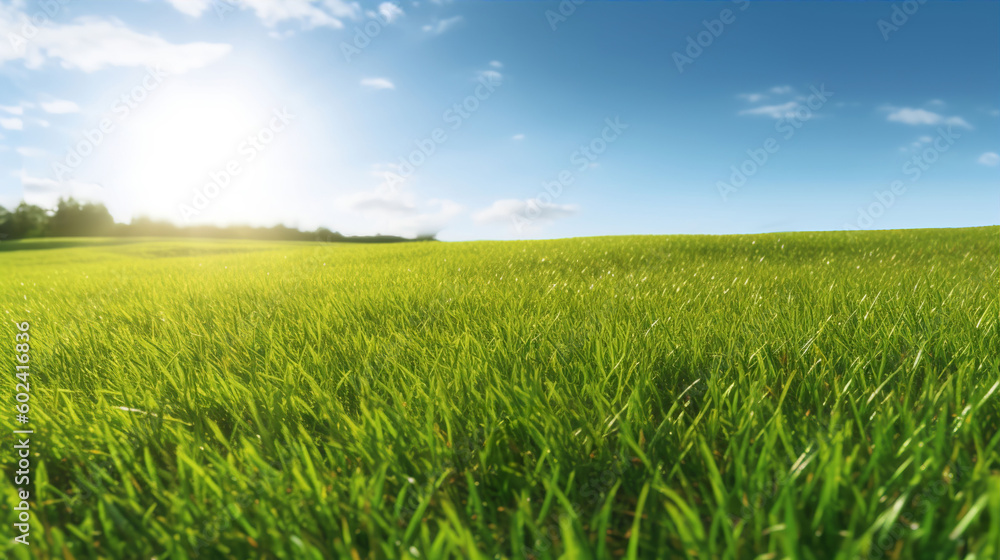 Illustration close up of a lush green grass lawn field against a blue summer’s sky. A.I. generated.