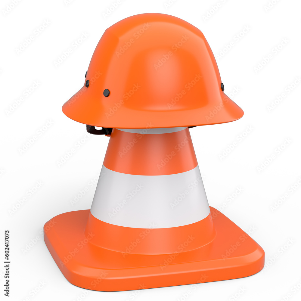 Stack of safety helmets or hard hats and traffic cones on white background Stack of safety helmets or hard hats and traffic cones on white background