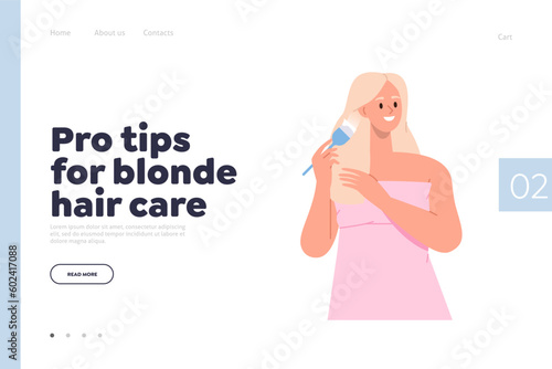 Landing page design template with pro tips for blonde hair care concept, cosmetics products promotion