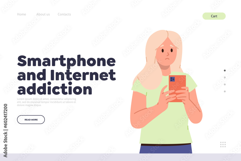 Landing page describing theme of smartphone and internet addiction of school children characters Landing page describing theme of smartphone and internet addiction of school children characters