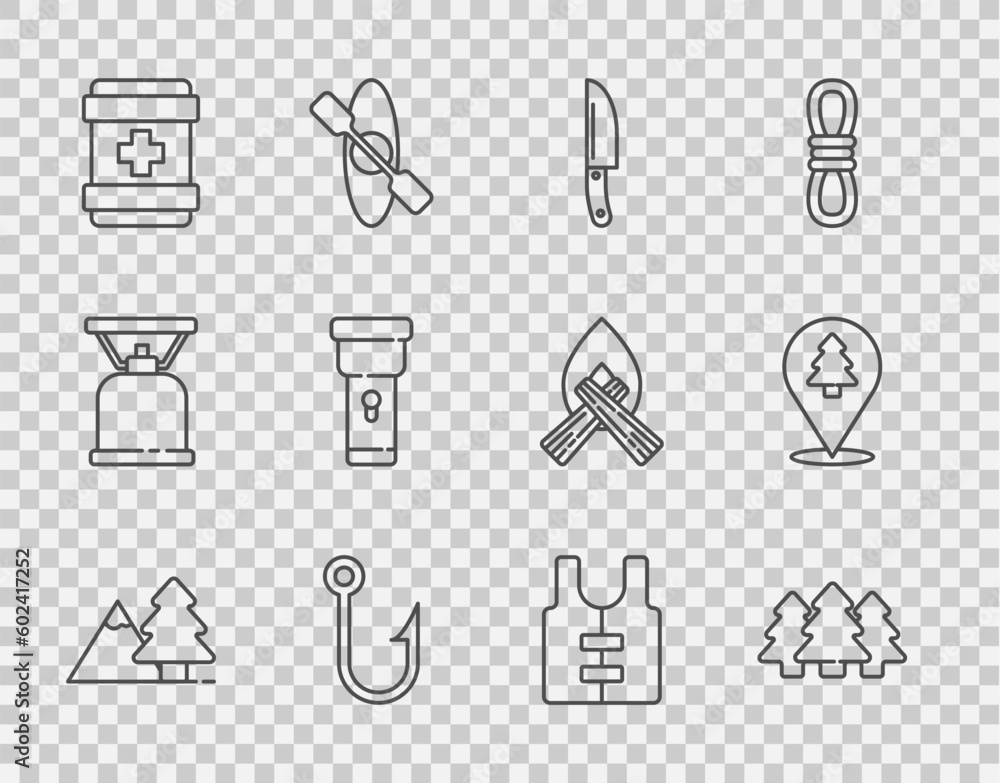 Set line Mountains with tree, Forest, Knife, Fishing hook, First aid kit, Flashlight, Life jacket and Location of the forest icon. Vector Set line Mountains with tree, Forest, Knife, Fishing hook, First aid kit, Flashlight, Life jacket and Location of the forest icon. Vector