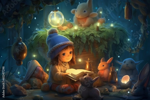 Girl reads fairy tales to toys. Fairy tale illustration for the book. fairy creatures