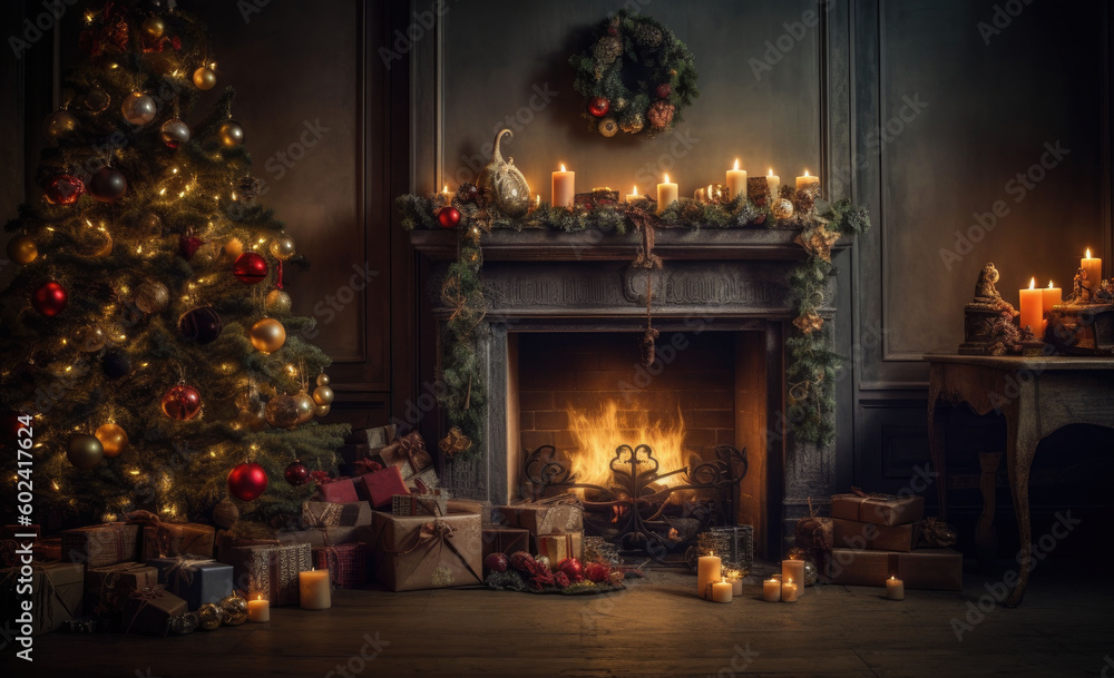 Naklejka premium Interior christmas. Christmas room, fireplace with fire and Christmas tree with decorations in dark. Decorated Christmas Tree inside living Room. Copyspace. Generative AI