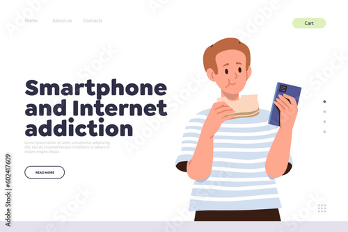 Smartphone and internet addiction concept for landing page with child using phone while eating