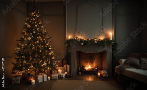 Interior christmas. Christmas room, fireplace with fire and Christmas tree with decorations in dark. Decorated Christmas Tree inside living Room. Copyspace. Generative AI