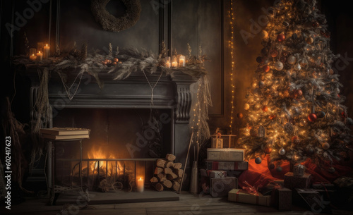 Interior christmas. Christmas room, fireplace with fire and Christmas tree with decorations in dark. Decorated Christmas Tree  inside living Room. Copyspace. Generative AI