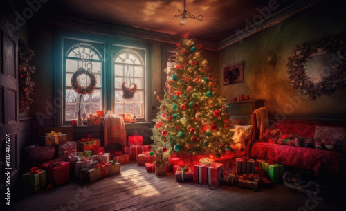 Interior christmas. Christmas room, fireplace with fire and Christmas tree with decorations in dark. Decorated Christmas Tree  inside living Room. Copyspace. Generative AI © OLGA