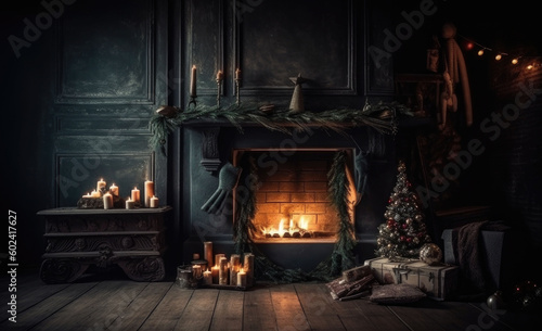 Interior christmas. Christmas room  fireplace with fire and Christmas tree with decorations in dark. Decorated Christmas Tree  inside living Room. Copyspace. Generative AI