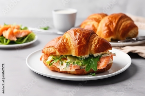 fresh croissant sandwich with salmon, avocado and salad, created with Generative AI Technology