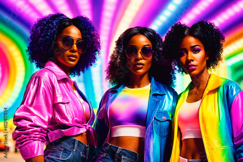 Group of african american women in colorful sportswear posing on colorful background. Generative AI.