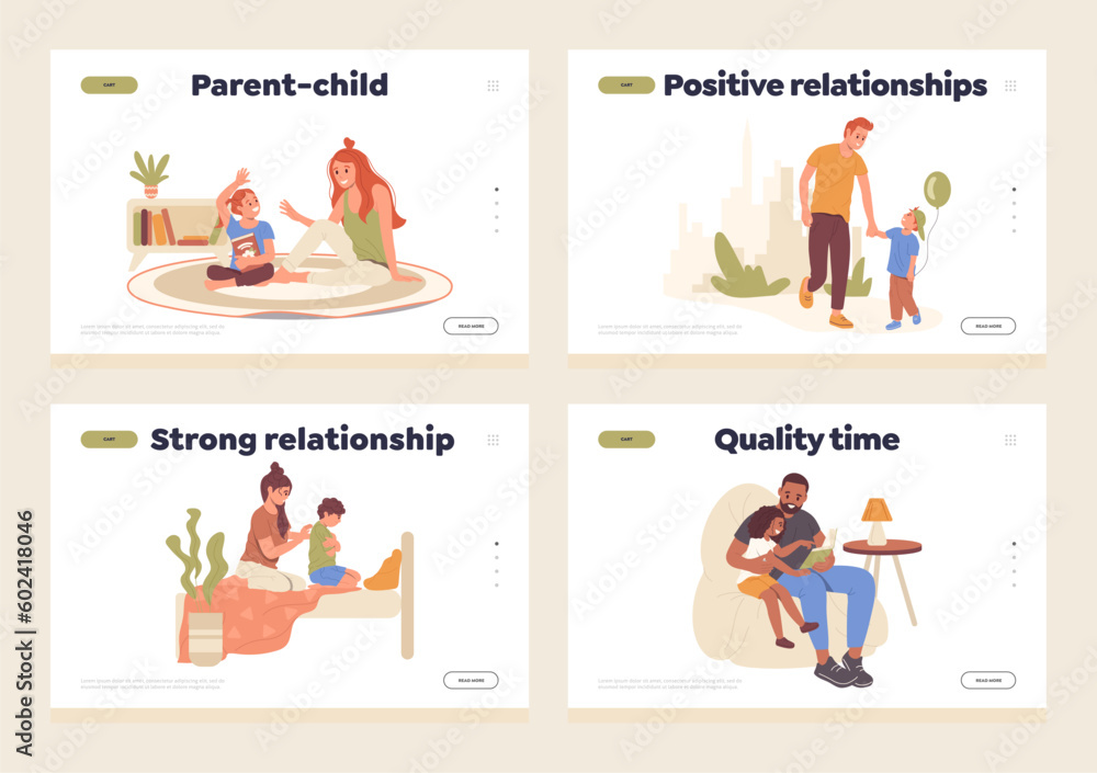 Parent with children strong relationship and quality time landing page design template set