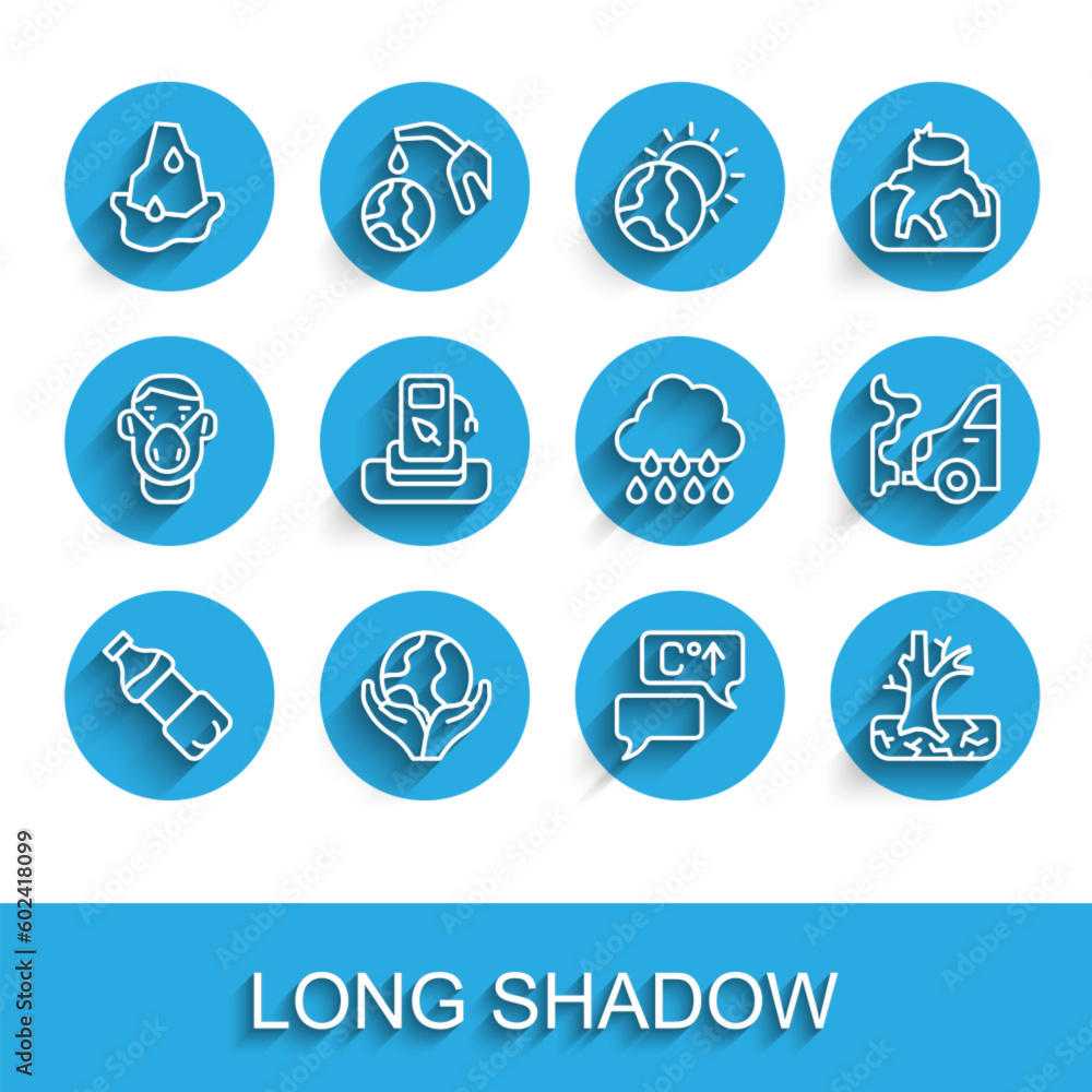 Set line Bottle of water, Hand holding Earth globe, Glacier melting, Global warming, Withered tree, Petrol or gas station, Car exhaust and Cloud with rain icon. Vector Set line Bottle of water, Hand holding Earth globe, Glacier melting, Global warming, Withered tree, Petrol or gas station, Car exhaust and Cloud with rain icon. Vector