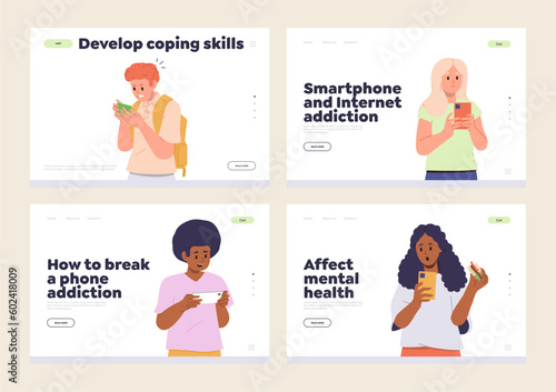 Set of landing page design template with mobile phone addiction problem among school children