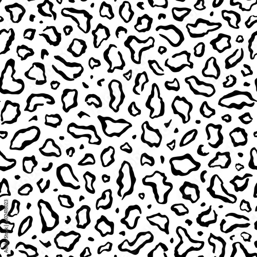 Leopard seamless pattern. Repeating animal print. Black spot isolated on white background. Repeated skin jaguar for design prints. Texture repeat spots panther. Fur cheetah. Vector illustration