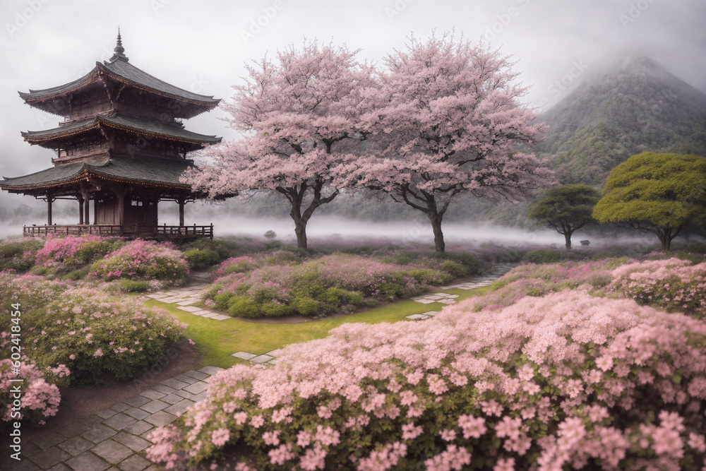 Sakura blossoms in japanese style ornamental garden, beautiful landscape. Generative AI. Sakura blossoms in japanese style ornamental garden, beautiful landscape. Generative AI.