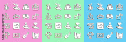 Set line Free overnight stay house, Heart in hand, with dog, Trash can, Humanitarian ship, Emergency medical tent, Volunteer team planting trees and car icon. Vector