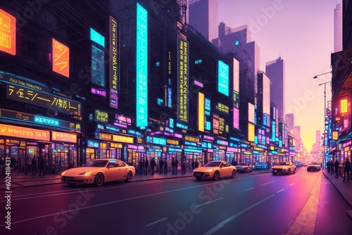 Modern city streets at night, skyscrapers and street lights, traffic and people. Generative AI.
