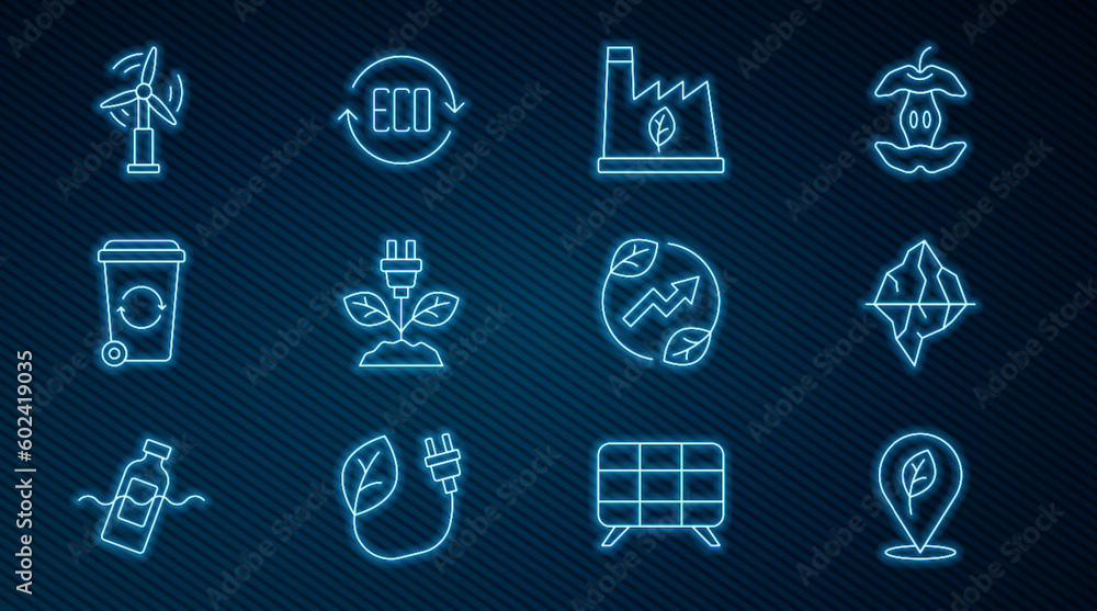 Set line Location with leaf, Iceberg, Plant recycling garbage, Electric saving plug, Recycle bin, Wind turbine, and Leaf Eco symbol icon. Vector Set line Location with leaf, Iceberg, Plant recycling garbage, Electric saving plug, Recycle bin, Wind turbine, and Leaf Eco symbol icon. Vector