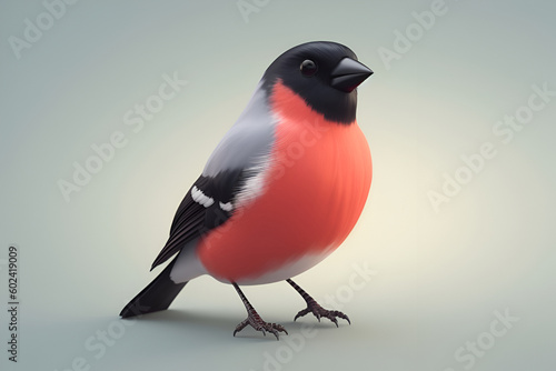 Catroon bullfinch with red breast on a gray background. Generative AI. © JulMay