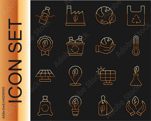 Set line Leaf in hand, Plant breeding, Thermometer, Earth globe leaf, Recycle bin, Eco symbol, problem of pollution and Hand holding icon. Vector