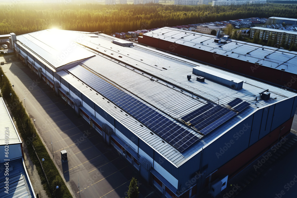 Fototapeta premium Solar energy panels in a factory in drone view. Generative AI.