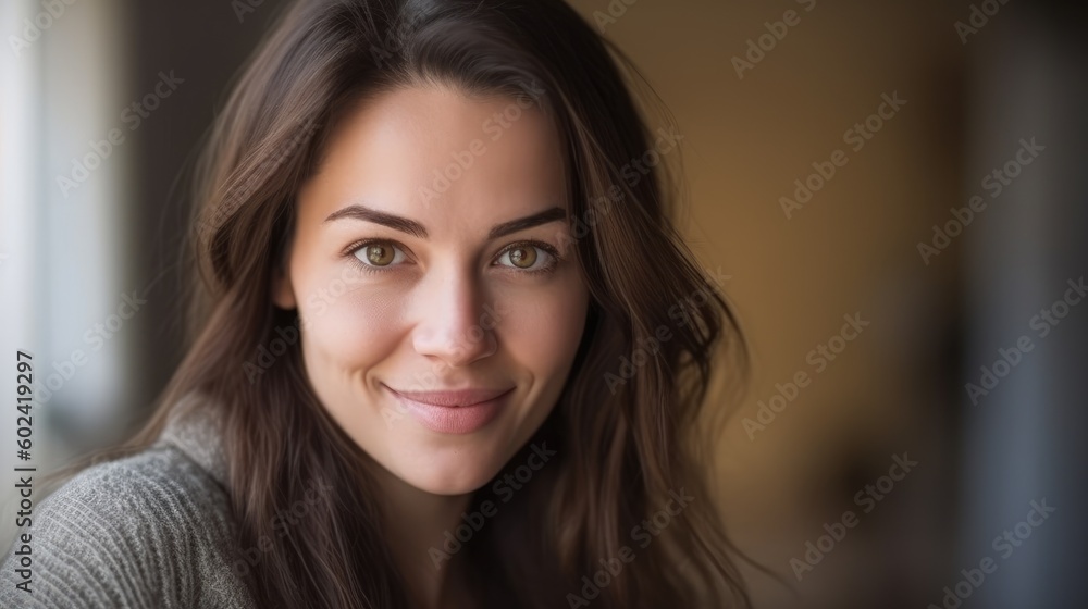 Portrait Of An Attractive Brunette Woman With Long Hair 30 Years Old