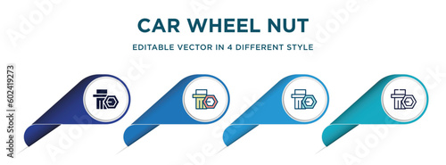 car wheel nut icon in 4 different styles such as filled, color, glyph, colorful, lineal color. set of   vector for web, mobile, ui