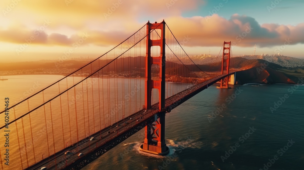 Fototapeta premium Golden Gate, San Franciso, at sunset. Generative AI
