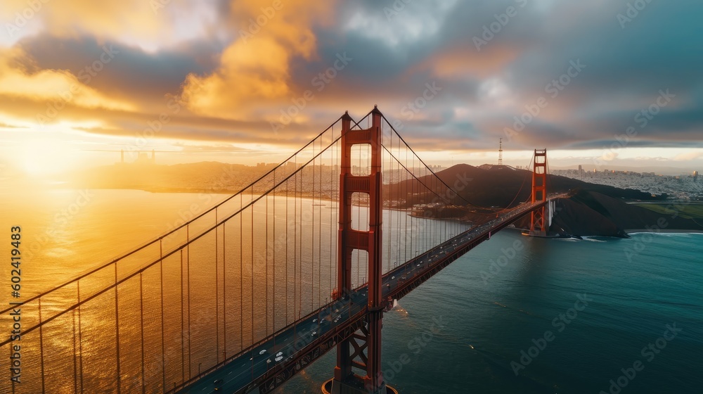Golden Gate, San Franciso, at sunset. Generative AI - obrazy, fototapety, plakaty 
