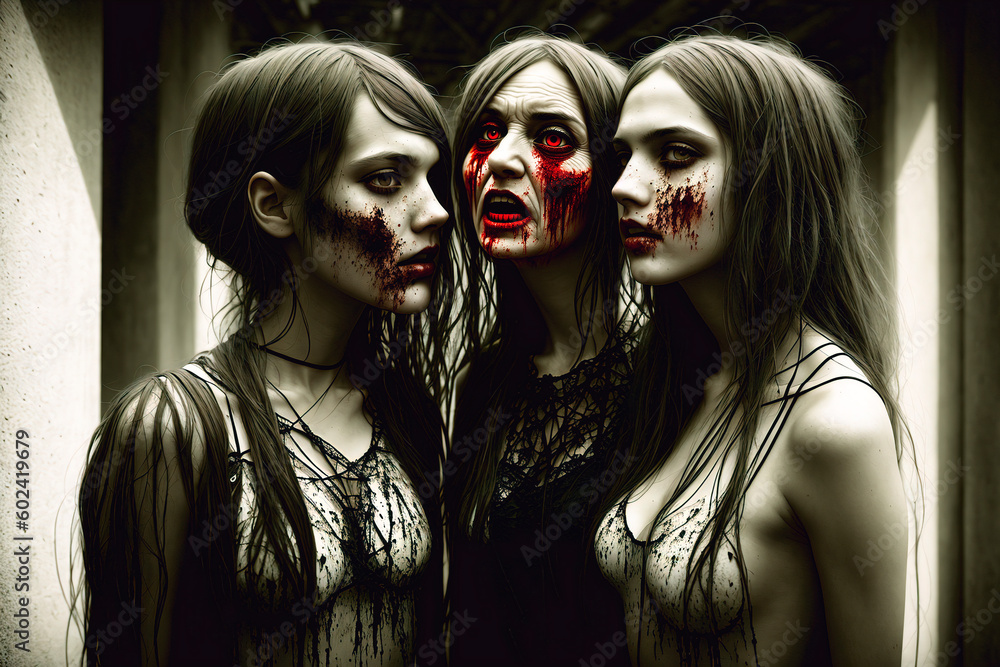Three women zombie with blood on their faces. Halloween. Generative AI.