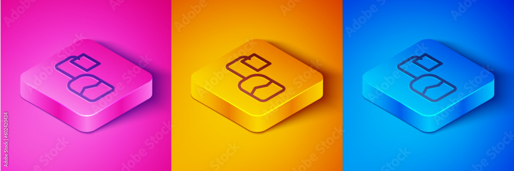 Isometric line Tea bag icon isolated on pink and orange, blue background. Square button. Vector Isometric line Tea bag icon isolated on pink and orange, blue background. Square button. Vector