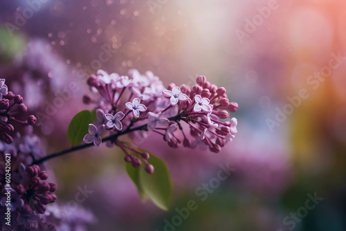 bouquet of lilac flowers close-up on a lilac bokeh background, space for text, generative AI tools