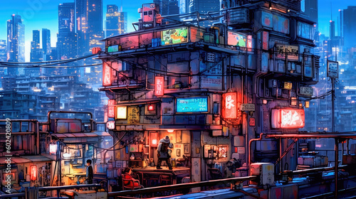 Lovely anime Cyberpunk City Painting, digital painting, night. Generative AI
