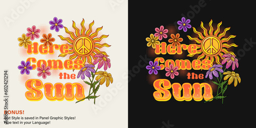 Summer label with sun, peace symbol, chamomile, halftone shapes, text, editable font effect. Positive, peaceful concept. Groovy, hippie retro style. For clothing, apparel, T-shirts, surface decoration