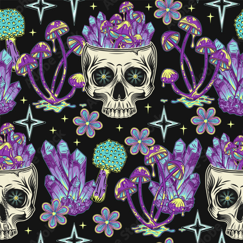 Surreal pattern with human skull, crystals, mushrooms, stars. Concept of sacred spirit, magic, extended mind. Psychedelic surreal illustration. For prints, clothing, t shirt, textile, surface design