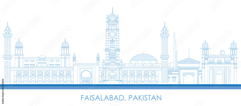 Outline Skyline panorama of city of Faisalabad, Pakistan - vector illustration