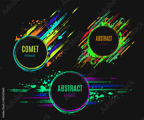 Set of circular frames with copy space Dark circle on background with paint brush strokes, dynamic glowing lines, spattered paint of neon colors Abstract elements, templates for logo, advertisment.