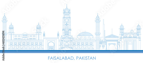Outline Skyline panorama of city of Faisalabad, Pakistan - vector illustration