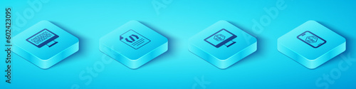 Set Isometric Binary code, Mobile with art store app and Monitor icon. Vector