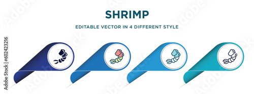 shrimp icon in 4 different styles such as filled, color, glyph, colorful, lineal color. set of   vector for web, mobile, ui