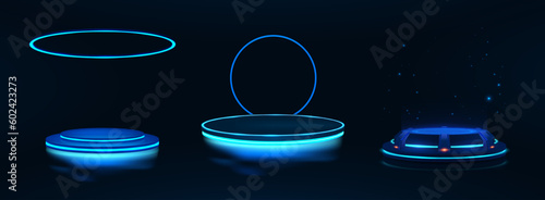 Futuristic 3d podiums with neon, reflection, light in cyberpunk style. Show product in 3D circle stage with ring, round lamp, neon. Futuristic stage, hologram, podium, portal, platform. Vector set