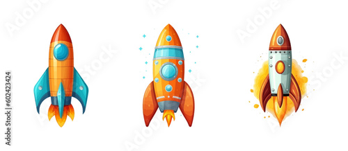 Colorful cartoon rocket ship icon. Vector illustration.
