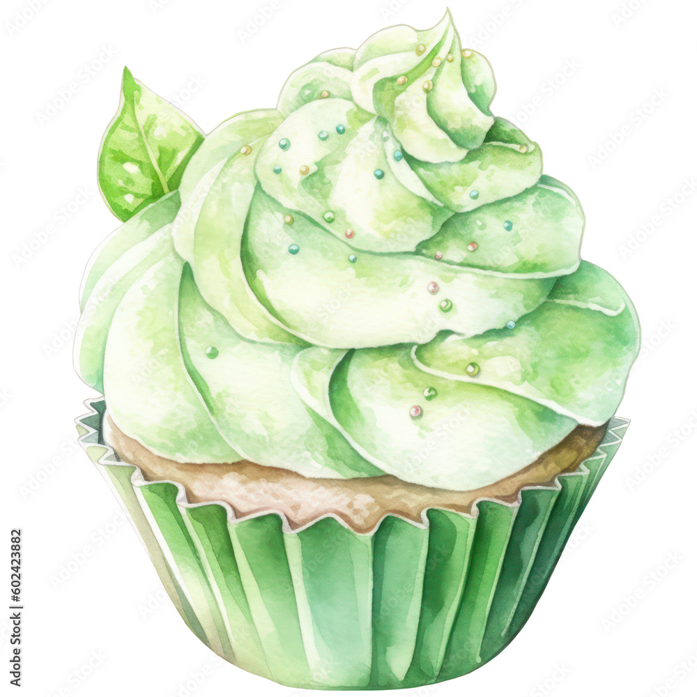 Obraz premium Pastel green cupcake with frosting and sprinkles, watercolor dessert, sweet bakery, Isolated on transparent background. Generative AI