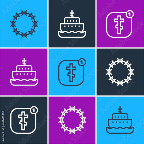 Set line Crown of thorns, Online church pastor preaching and Ark noah icon. Vector